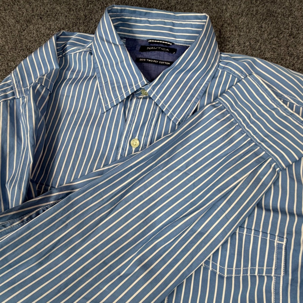 VTG Nautica Mens Size Large Blue White Striped Two-Ply Cotton Button Down Shirt